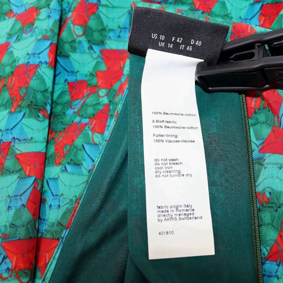 Akris 10 Green Red Ai Print Sleeveless Swing Fit Flare Pleated Pocket Dress - Picture 12 of 15